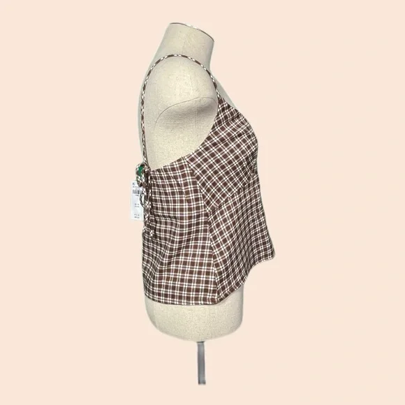 Abercrombie & Fitch Brown Gingham Plaid Crop Cami Tie Sides Extra Small NWT 🤎 - Picture 2 of 5